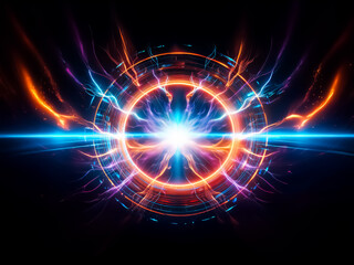Poster - Glowing energy portal with vibrant orange, purple, and blue streams emanating from a bright center against a dark backdrop.