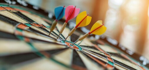 Poster - A close-up of a dartboard with colorful darts embedded, showcasing a blend of precision and leisure in a vibrant setting.
