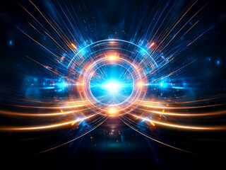 Poster - Abstract digital art featuring a vibrant burst of light. Blue and orange rays emanate from a central glowing point, creating a dynamic, futuristic energy effect.