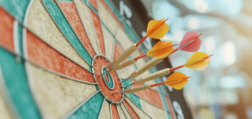 Poster - A dartboard with multiple darts hitting the bullseye, showcasing precision and skill in a competitive setting.