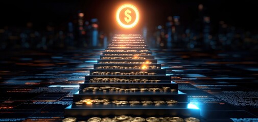Poster - A futuristic pathway made of shining coins leads to a glowing dollar symbol, symbolizing wealth and prosperity in a digital landscape.