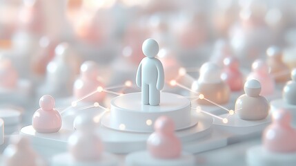 Poster - A solitary figure stands on a platform amidst a network of interconnected miniatures, symbolizing individuality within a community.