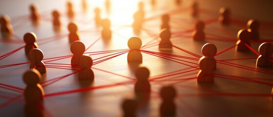 Poster - A close-up of wooden figures connected by red strings, symbolizing networking and collaboration in a warm, illuminated setting.