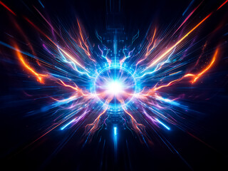 Leinwandbilder - Abstract digital art featuring a vibrant sphere emitting radiant energy beams in blue, orange, and purple against a dark backdrop.  Dynamic and visually striking composition.