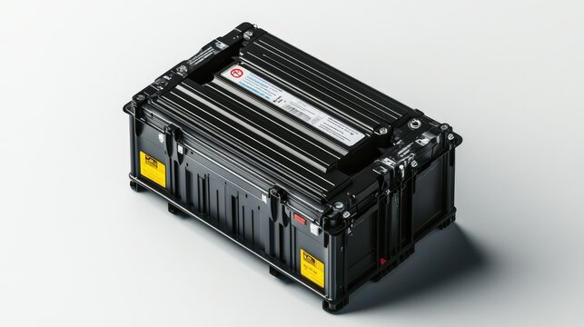 A black car battery isolated on a clean white background, showcasing its details and labels