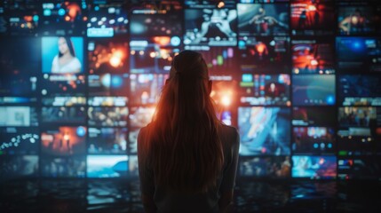Poster - person observing a vibrant display of multimedia content in a darkened room at night
