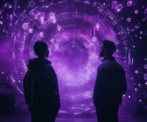 Poster - couple gazing at futuristic purple portal, digital data background, tech concept