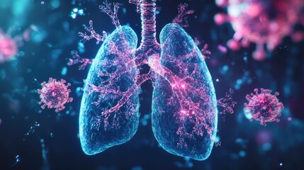Poster - A glowing 3D visualization of lungs with virus cells spreading through the respiratory tract.