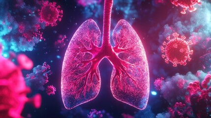 Poster - A glowing 3D visualization of lungs with virus cells spreading through the respiratory tract.