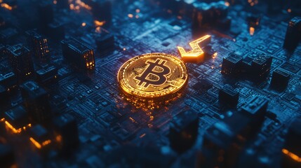 Poster - A glowing Bitcoin resting on top of an upward-moving stock market arrow, symbolizing financial growth.