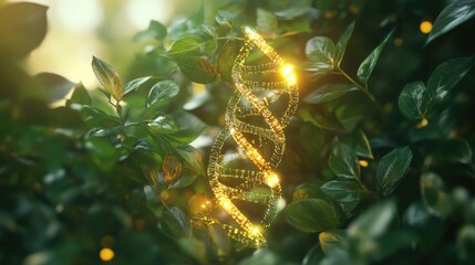 Fototapete - A glowing DNA helix intertwined with lush green leaves, symbolizing biotechnology advancements.