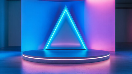 Wall Mural - Cylinder two steps product podium with decorative triangle neon elements in studio room interior with pastel blue wall and floor. Realistic 3d vector minimalist scene with goods showcase mockup.