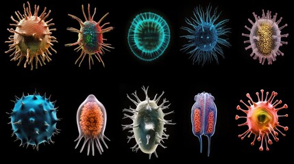 Poster - A microscopic view of various bacteria and viruses, showcasing different pathogen cell structures.