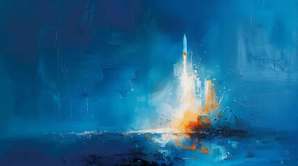Poster - rocket launches into the sky at dawn, illuminating the clouds with vibrant colors and streaks of lig