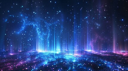 Poster - colorful cosmic landscape with vibrant light beams and starry background during a night sky display