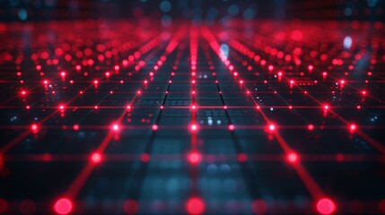Poster - Vibrant red laser grid illuminating a dark space with intricate patterns and depth during a futuristic display