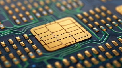 Poster - A close-up view of a microprocessor with golden contacts on a circuit board, showcasing intricate electronic details.