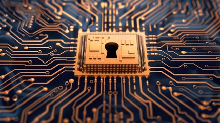 Poster - A close-up of a circuit board featuring a central lock symbol, representing cybersecurity and digital protection.