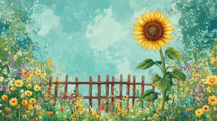 Poster - A hand-drawn sunflower arching above a fence in a meadow filled with colorful wildflowers and greenery