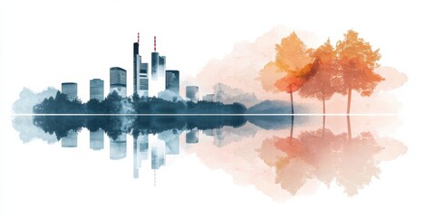 Poster - Urban skyline reflection over serene water with autumn trees cityscape nature minimalist view peaceful concept