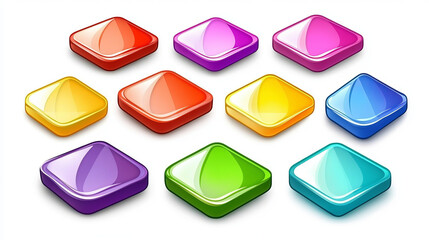 Poster - Set of game ui app icons, square buttons, cartoon menu interface colorful blocks. Gui graphic design elements for user panel settings red, blue, yellow, green, purple isolated 2d vector illustration