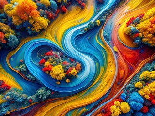 Aufkleber - Abstract Swirling Lines: Blue, Red, and Yellow Aerial Drone Photography