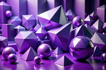 Poster - Abstract Violet Purple Geometric Shapes 3D Minimalist Background - High Depth of Field Stock Photo
