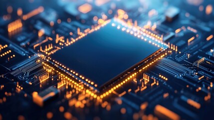 Poster - Computer chip on blue background representing futuristic e-commerce online shopping payment concept