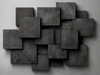 Poster - Abstract arrangement of dark geometric shapes on gray wall creating a modern art installation aesthetic