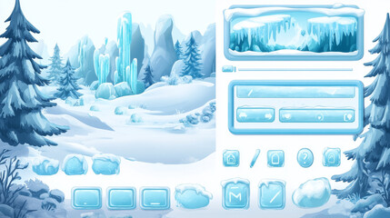 Poster - set progress bars, game buttons of ice texture. cartoon frozen menu interface, ui or gui elements. u
