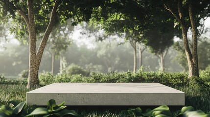 Wall Mural - A modern concrete podium set in a serene forest backdrop, ready for packaging product placement.