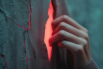 Poster - Hand Reaching Through Cracked Wall with Glowing Red Light Creating an Intriguing and Mysterious Atmosphere
