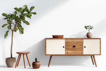 Poster - Modern Scandinavian Home Decor Featuring Wooden Furniture, Plants, and Minimalistic Design Elements