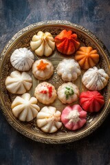 Wall Mural - a round golden plate filled with a variety of indian sweets and snacks, showcasing vibrant colors an