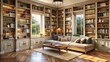 © Praphan - Spacious home library with built-in shelves featuring cozy reading nook and large collection of books, home, library, books