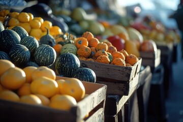 Sticker - Colorful produce in crates and baskets, including oranges and pumpkins.