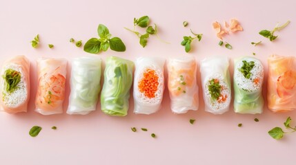 Wall Mural - A row of fresh spring rolls with vivid vegetables, wrapped in seaweed. They're garnished with herbs and spices and look ready to be served.