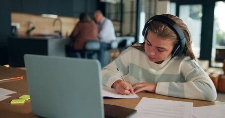 Poster - Laptop, homework and child with headphones for online learning, education and lesson. School, writing and teenager listen to class on computer for assessment, knowledge or studying on website in home