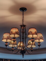 Wall Mural - Old-fashioned chandelier with ornate metal frame and eight lamps, illuminating the room in a classic style.