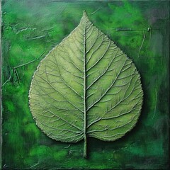 Wall Mural - Close-up of a single green leaf on a green background, highlighting vein structure and natural texture.