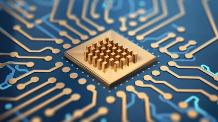Poster - Close-up of a microchip on a circuit board with intricate patterns and connections.
