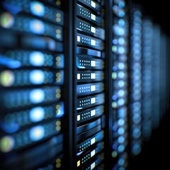 Poster - Data center servers illuminated with blue lights in a dark environment.