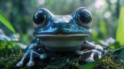 Wall Mural - A mesmerizing blue frog rests on mossy ground