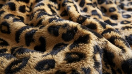 Wall Mural - This is a photograph featuring the detailed texture of a piece of leopard print fabric. It showcases the unique spotted pattern and fuzzy, soft material that is often used for clothing or accessories.