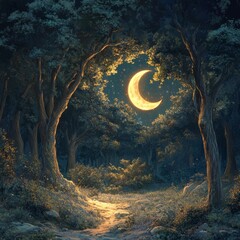Wall Mural - A mystical forest at night with a crescent moon shining through enchanted trees