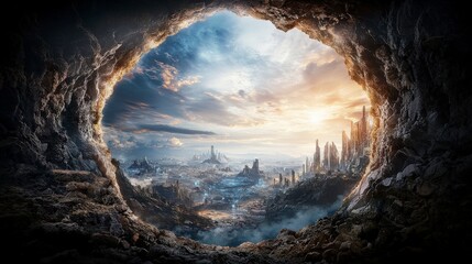 Poster - Portal opening in the sky fantasy landscape digital art surreal environment wide viewpoint gateway between worlds