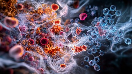 Poster - Microbial communication glowing microorganisms in a vibrant environment science visualization abstract concept