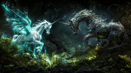 Aufkleber - Enchanting encounter of mystical unicorns hidden forest fantasy art lush greenery captivating view legendary creatures
