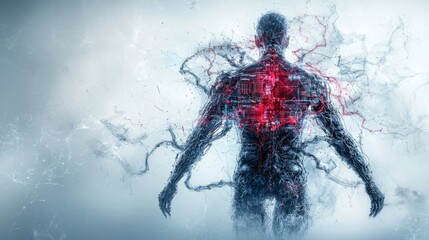 Poster - Merging bodies with technology physical computer hybrids futuristic landscape digital art conceptual view sci-fi theme