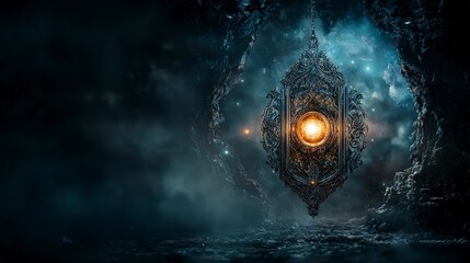 Aufkleber - Mysterious glowing door enchanted cave fantasy art dark environment suspended view portal to another reality